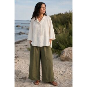 URU 100% Silk Textured Blouse Jacquard Button Front Ivory Lagenlook One Size